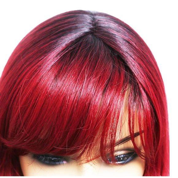 ANDRIA Women's 26" Wavy Wig w/Bangs Synthetic Heat Resist Ombre Burgundy Red NWT - Picture 4 of 5